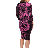 Pink Couple Dolphins Maori Polynesian Style Family Matching Long Sleeve Bodycon Dress and Hawaiian Shirt LT9 - Polynesian Pride