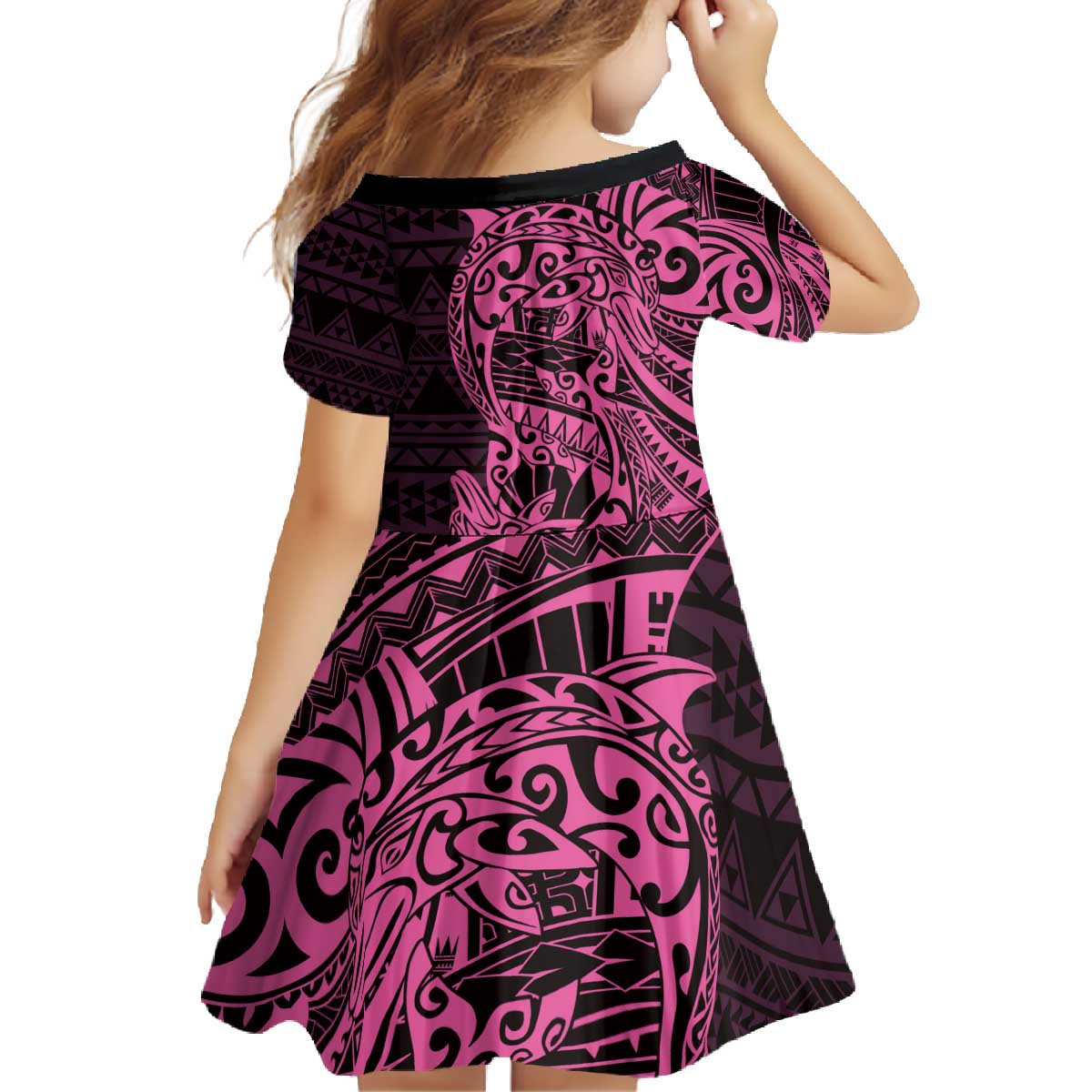Pink Couple Dolphins Maori Polynesian Style Family Matching Off The Shoulder Long Sleeve Dress and Hawaiian Shirt