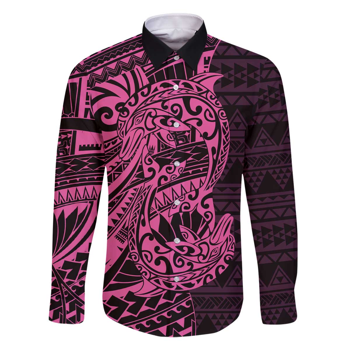 Pink Couple Dolphins Maori Polynesian Style Family Matching Off The Shoulder Long Sleeve Dress and Hawaiian Shirt