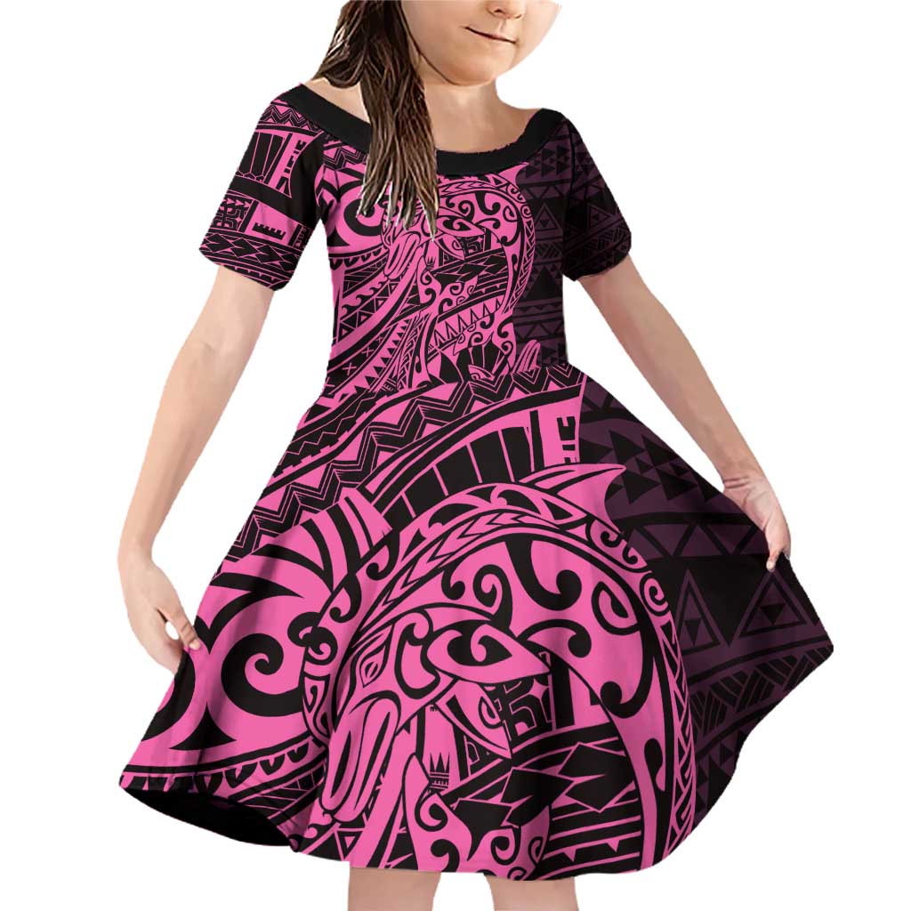 Pink Couple Dolphins Maori Polynesian Style Family Matching Off Shoulder Short Dress and Hawaiian Shirt