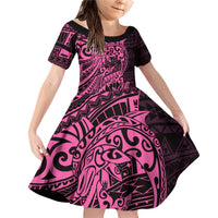 Pink Couple Dolphins Maori Polynesian Style Family Matching Off Shoulder Short Dress and Hawaiian Shirt