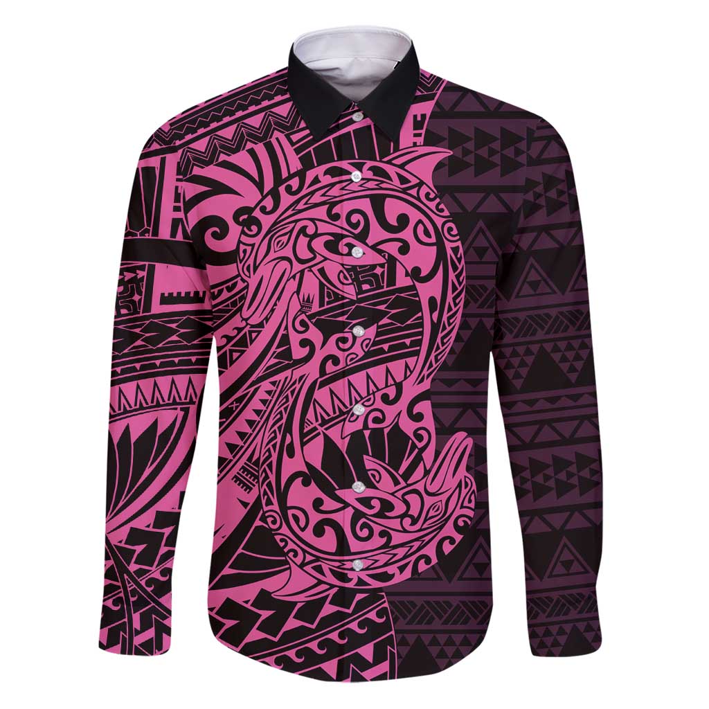 Pink Couple Dolphins Maori Polynesian Style Family Matching Puletasi and Hawaiian Shirt LT9 Dad's Shirt - Long Sleeve Pink - Polynesian Pride