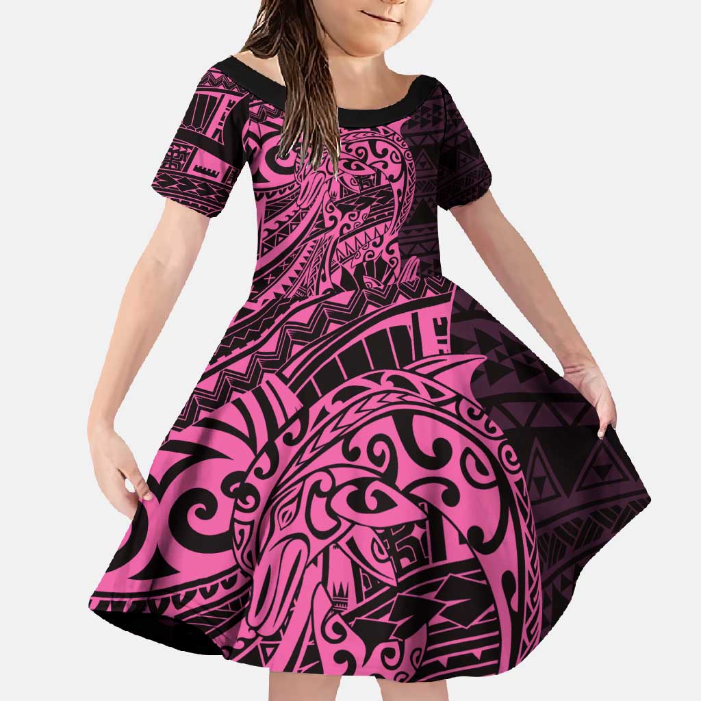Pink Couple Dolphins Maori Polynesian Style Family Matching Short Sleeve Bodycon Dress and Hawaiian Shirt LT9 Daughter's Dress Pink - Polynesian Pride