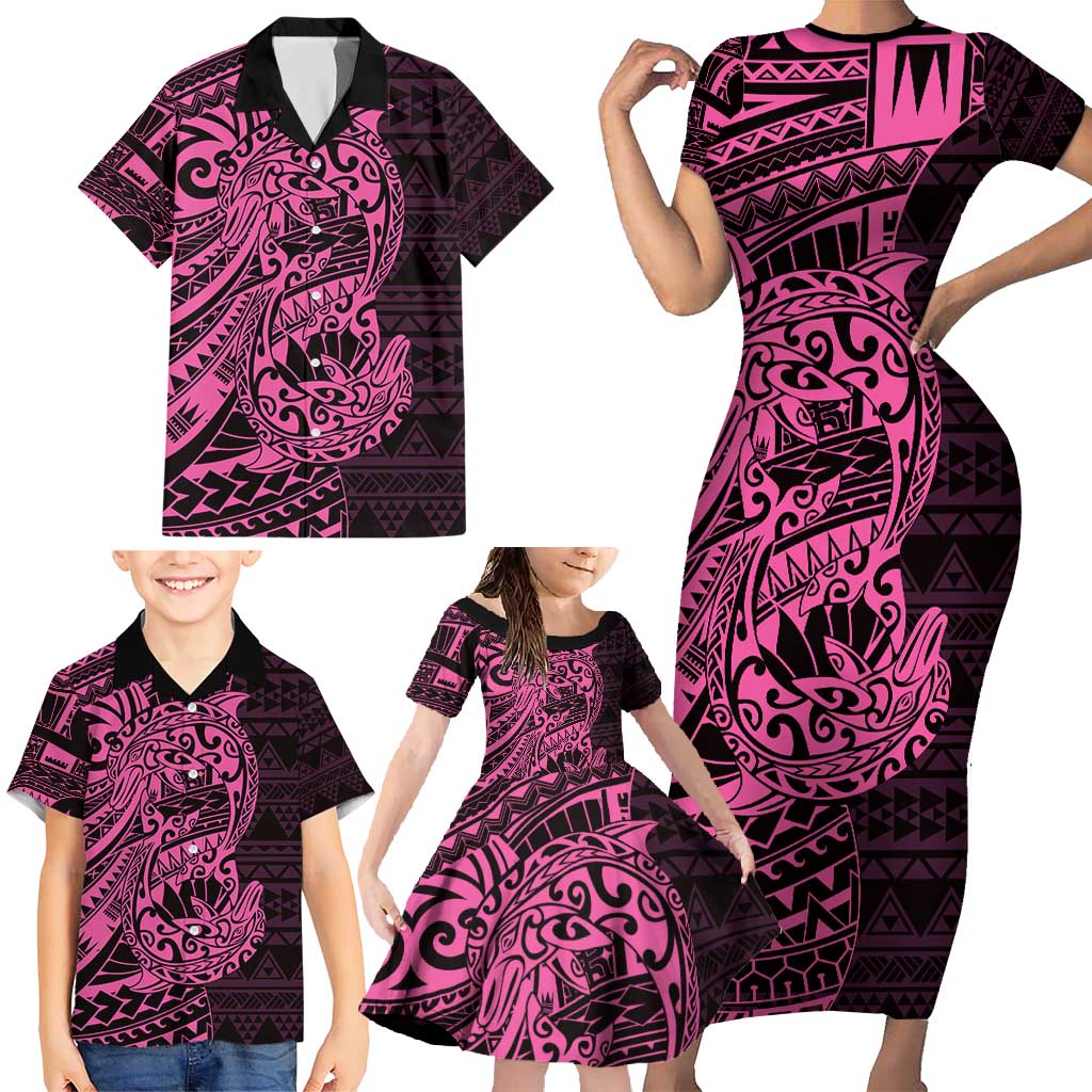Pink Couple Dolphins Maori Polynesian Style Family Matching Short Sleeve Bodycon Dress and Hawaiian Shirt LT9 - Polynesian Pride