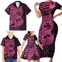 Pink Couple Dolphins Maori Polynesian Style Family Matching Short Sleeve Bodycon Dress and Hawaiian Shirt LT9 - Polynesian Pride