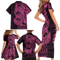 Pink Couple Dolphins Maori Polynesian Style Family Matching Short Sleeve Bodycon Dress and Hawaiian Shirt LT9 - Polynesian Pride
