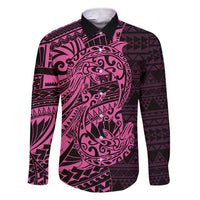 Pink Couple Dolphins Maori Polynesian Style Family Matching Short Sleeve Bodycon Dress and Hawaiian Shirt LT9 Dad's Shirt - Long Sleeve Pink - Polynesian Pride
