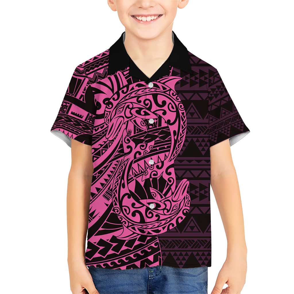 Pink Couple Dolphins Maori Polynesian Style Family Matching Short Sleeve Bodycon Dress and Hawaiian Shirt LT9 Son's Shirt Pink - Polynesian Pride