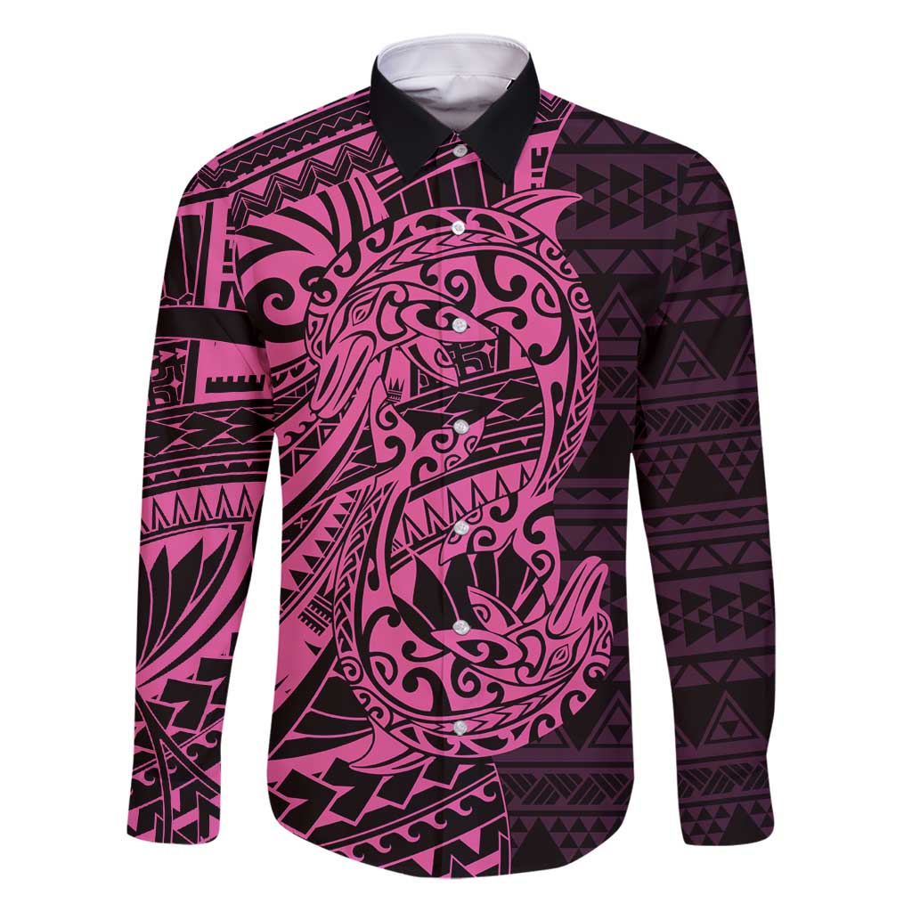 Pink Couple Dolphins Maori Polynesian Style Family Matching Tank Maxi Dress and Hawaiian Shirt