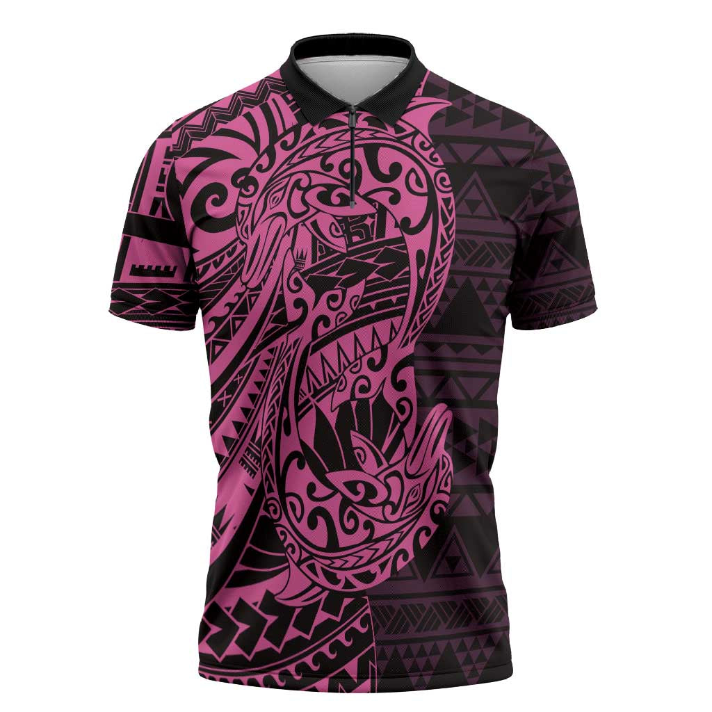 Pink Couple Dolphins Maori Polynesian Style Zipper Polo Shirt - Polynesian Pride