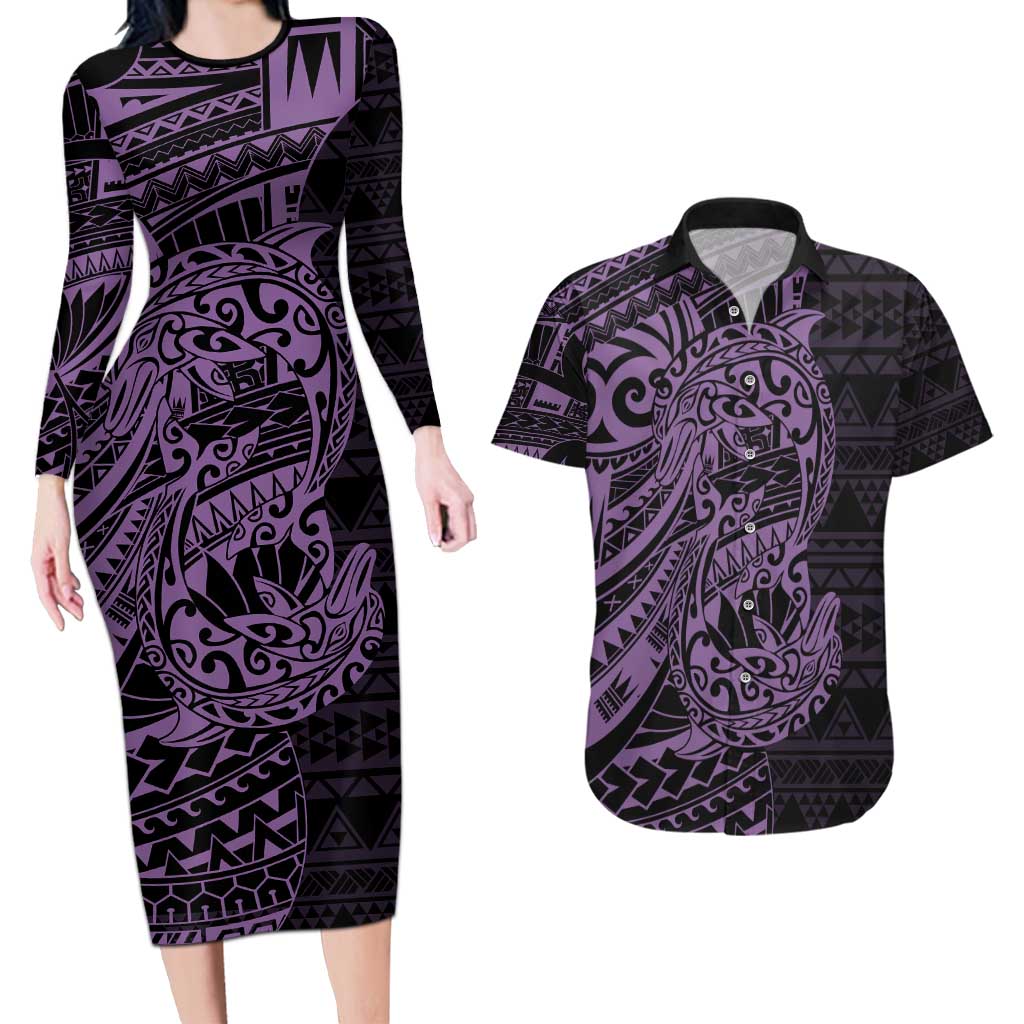 Purple Couple Dolphins Maori Polynesian Style Couples Matching Long Sleeve Bodycon Dress and Hawaiian Shirt LT9 Purple - Polynesian Pride