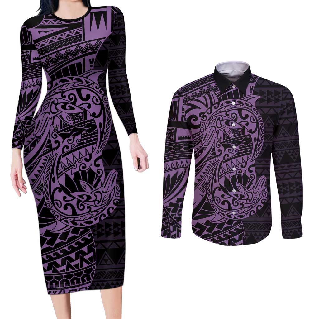 Purple Couple Dolphins Maori Polynesian Style Couples Matching Long Sleeve Bodycon Dress and Long Sleeve Button Shirt LT9 Purple - Polynesian Pride