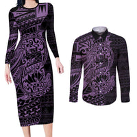Purple Couple Dolphins Maori Polynesian Style Couples Matching Long Sleeve Bodycon Dress and Long Sleeve Button Shirt LT9 Purple - Polynesian Pride