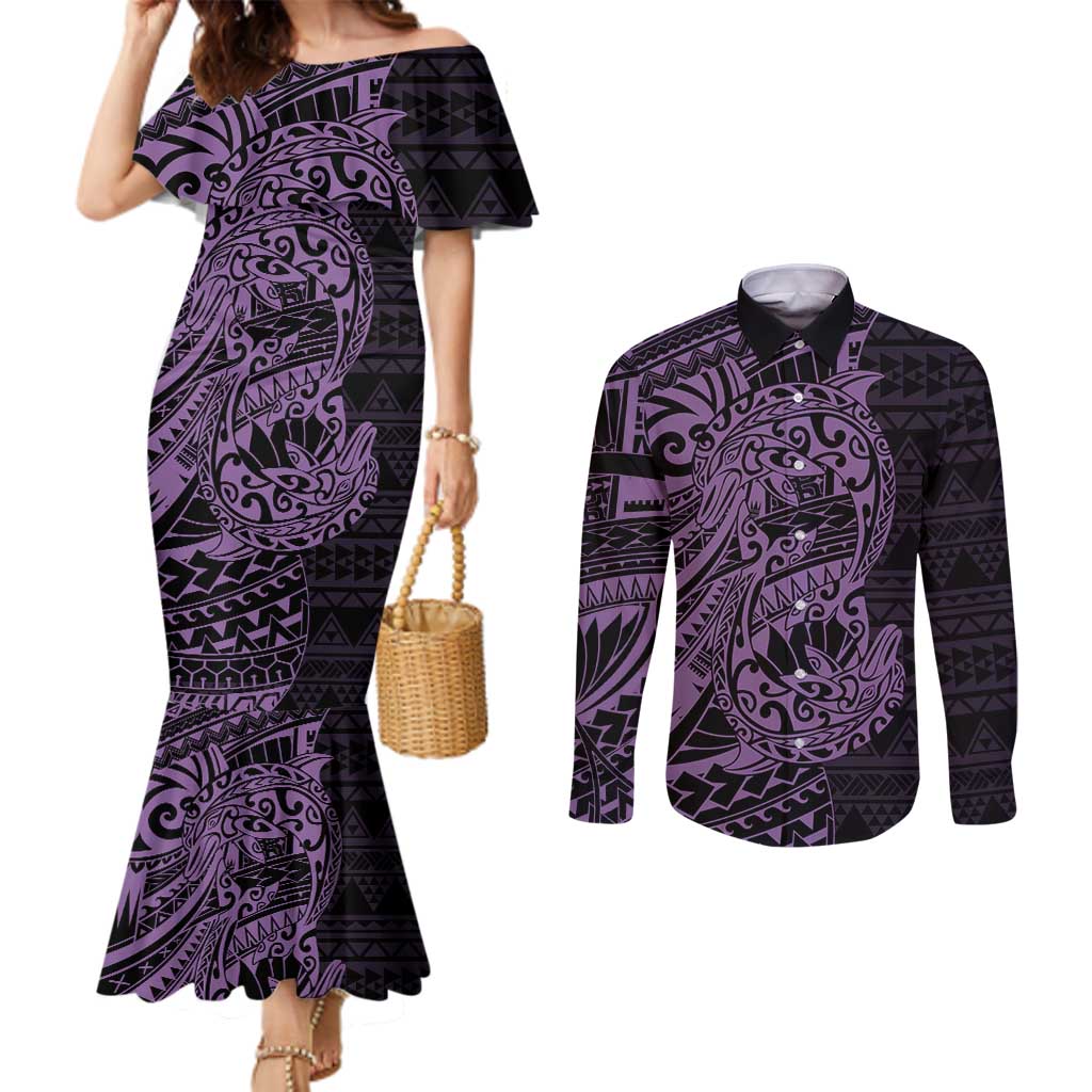 Purple Couple Dolphins Maori Polynesian Style Couples Matching Mermaid Dress and Long Sleeve Button Shirt LT9 Purple - Polynesian Pride