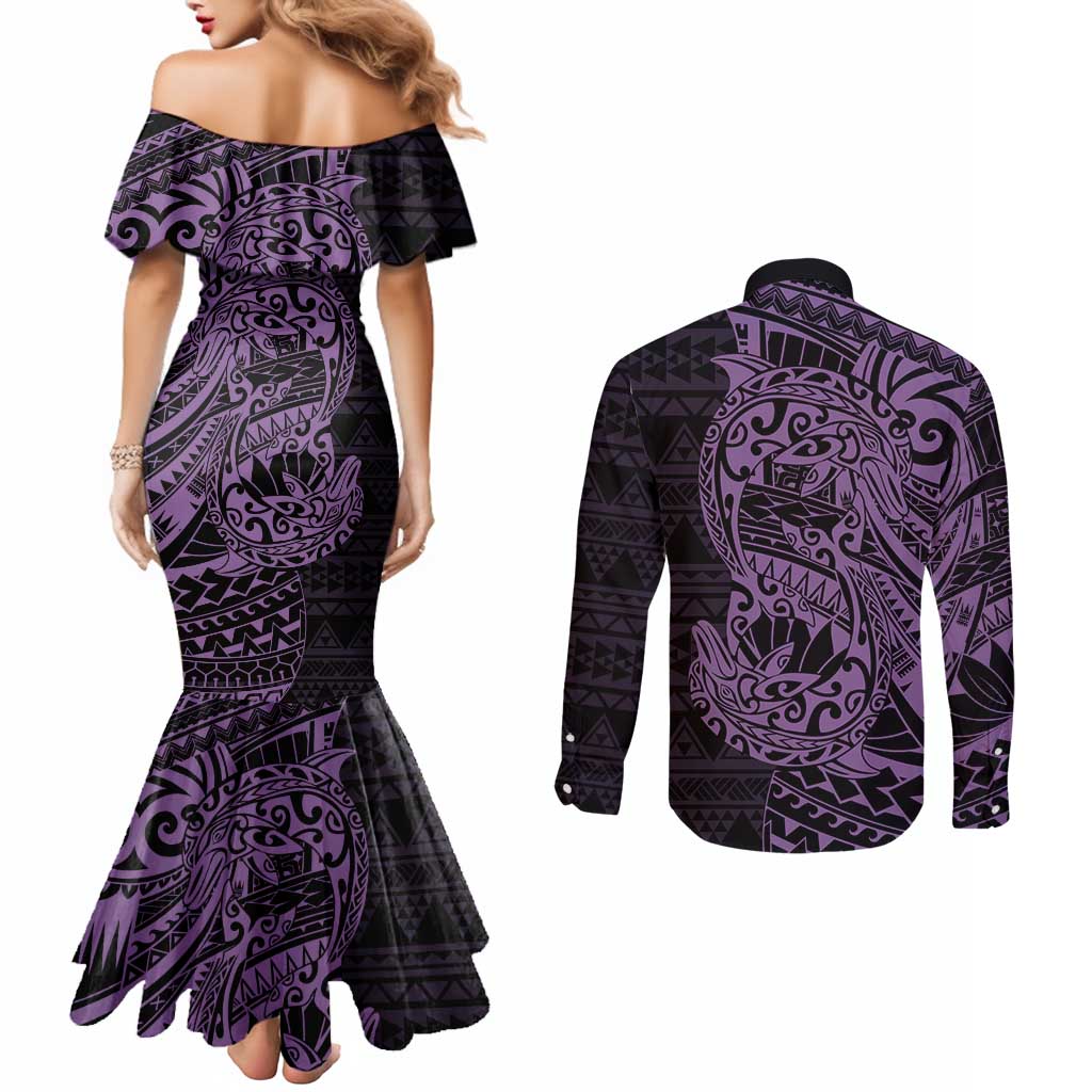 Purple Couple Dolphins Maori Polynesian Style Couples Matching Mermaid Dress and Long Sleeve Button Shirt LT9 - Polynesian Pride