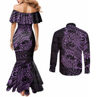 Purple Couple Dolphins Maori Polynesian Style Couples Matching Mermaid Dress and Long Sleeve Button Shirt LT9 - Polynesian Pride