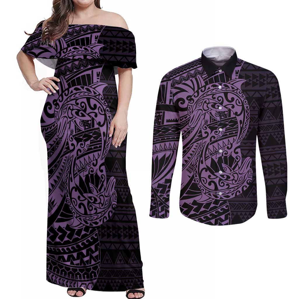 Purple Couple Dolphins Maori Polynesian Style Couples Matching Off Shoulder Maxi Dress and Long Sleeve Button Shirt LT9 Purple - Polynesian Pride