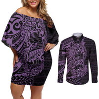 Purple Couple Dolphins Maori Polynesian Style Couples Matching Off Shoulder Short Dress and Long Sleeve Button Shirt LT9 Purple - Polynesian Pride