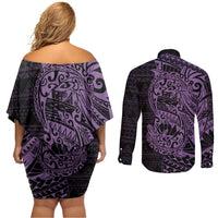 Purple Couple Dolphins Maori Polynesian Style Couples Matching Off Shoulder Short Dress and Long Sleeve Button Shirt LT9 - Polynesian Pride