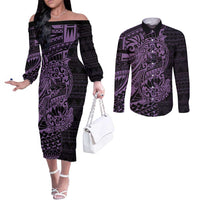 Purple Couple Dolphins Maori Polynesian Style Couples Matching Off The Shoulder Long Sleeve Dress and Long Sleeve Button Shirt LT9 Purple - Polynesian Pride