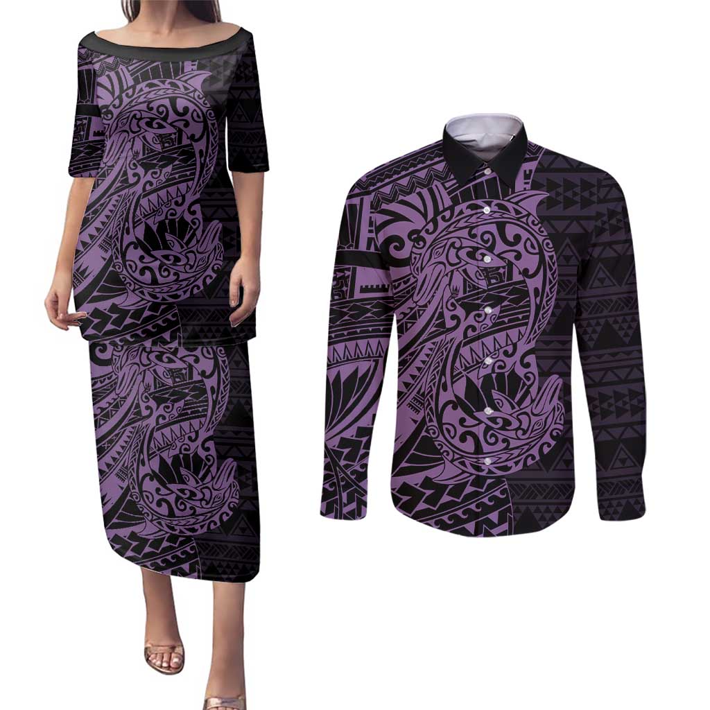 Purple Couple Dolphins Maori Polynesian Style Couples Matching Puletasi and Long Sleeve Button Shirt LT9 Purple - Polynesian Pride