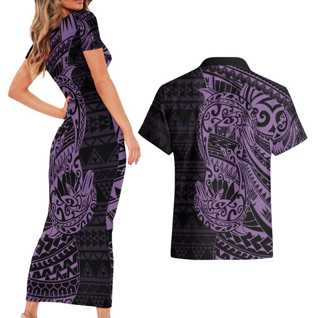 Purple Couple Dolphins Maori Polynesian Style Couples Matching Short Sleeve Bodycon Dress and Hawaiian Shirt LT9 - Polynesian Pride