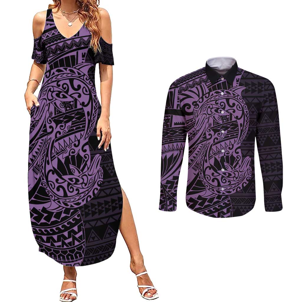 Purple Couple Dolphins Maori Polynesian Style Couples Matching Summer Maxi Dress and Long Sleeve Button Shirt LT9 Purple - Polynesian Pride