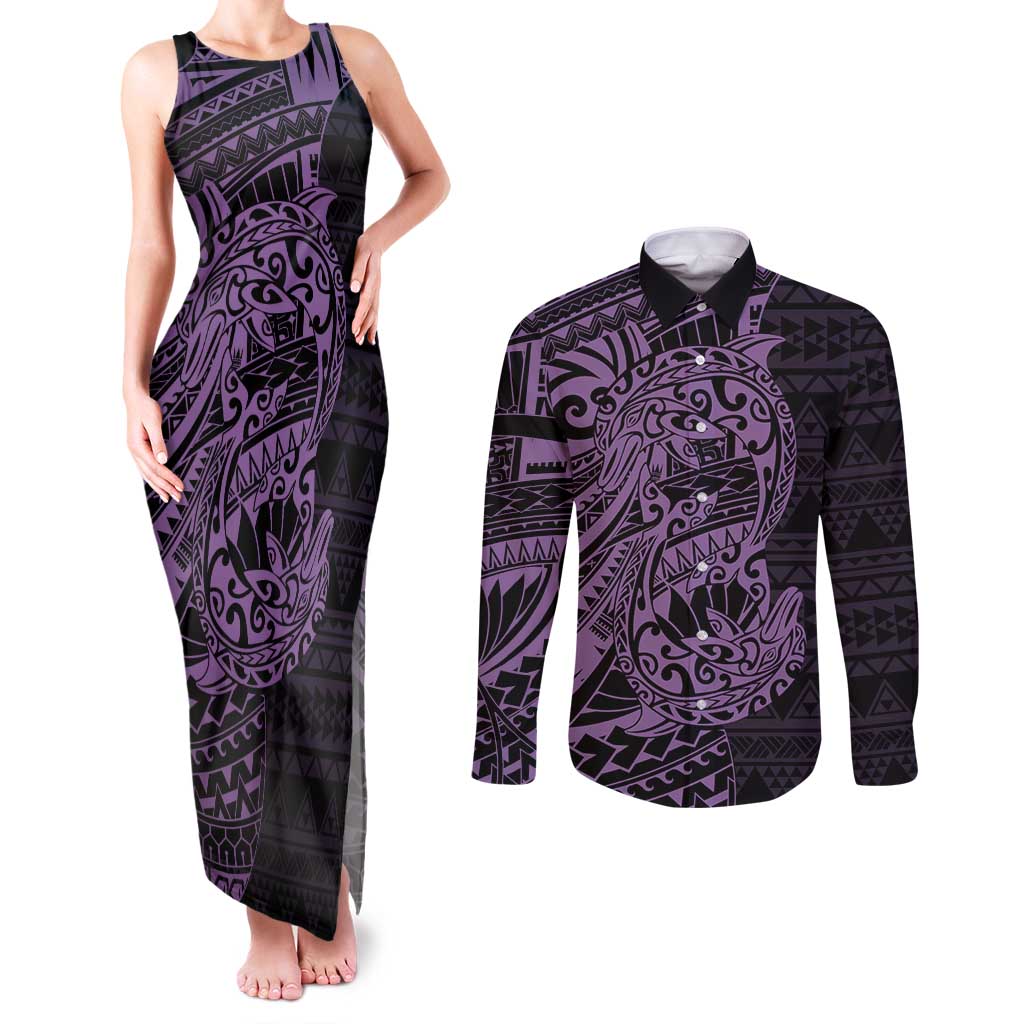 Purple Couple Dolphins Maori Polynesian Style Couples Matching Tank Maxi Dress and Long Sleeve Button Shirt LT9 Purple - Polynesian Pride