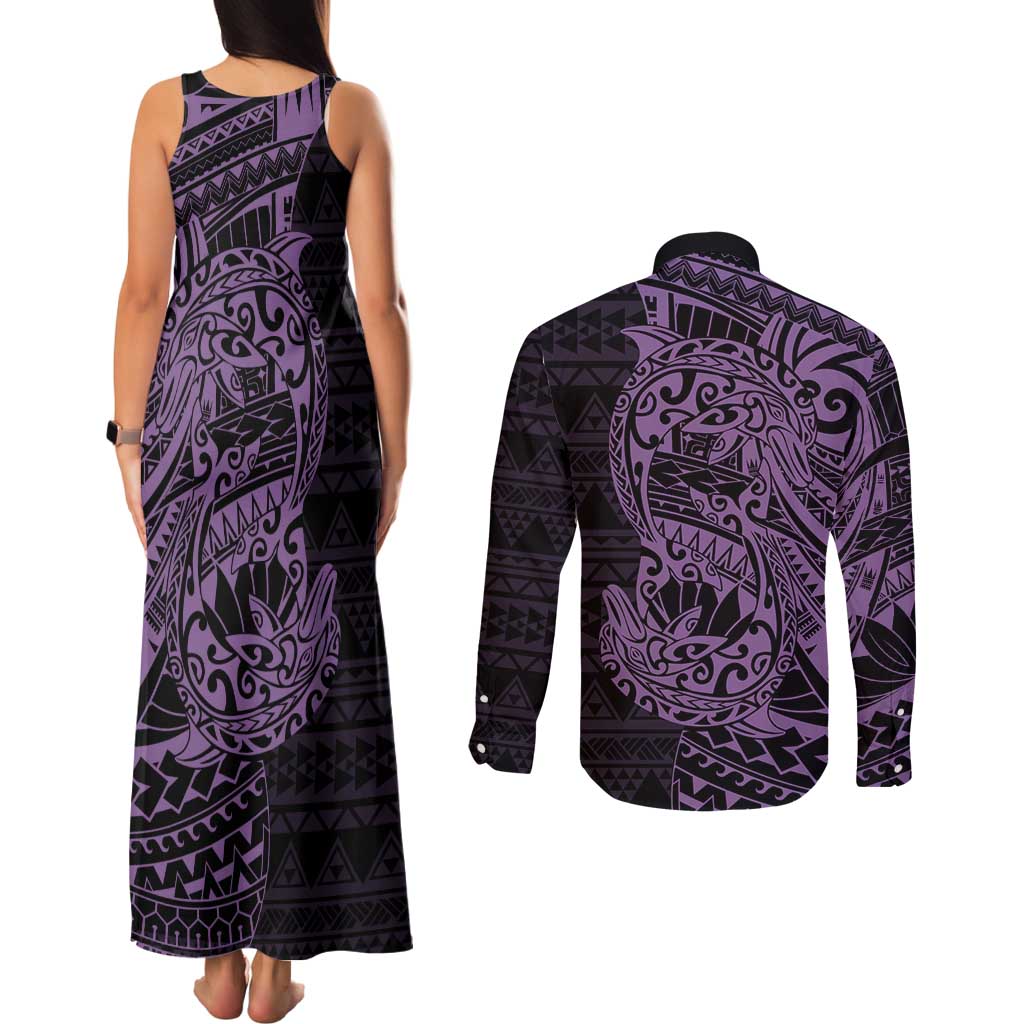 Purple Couple Dolphins Maori Polynesian Style Couples Matching Tank Maxi Dress and Long Sleeve Button Shirt LT9 - Polynesian Pride