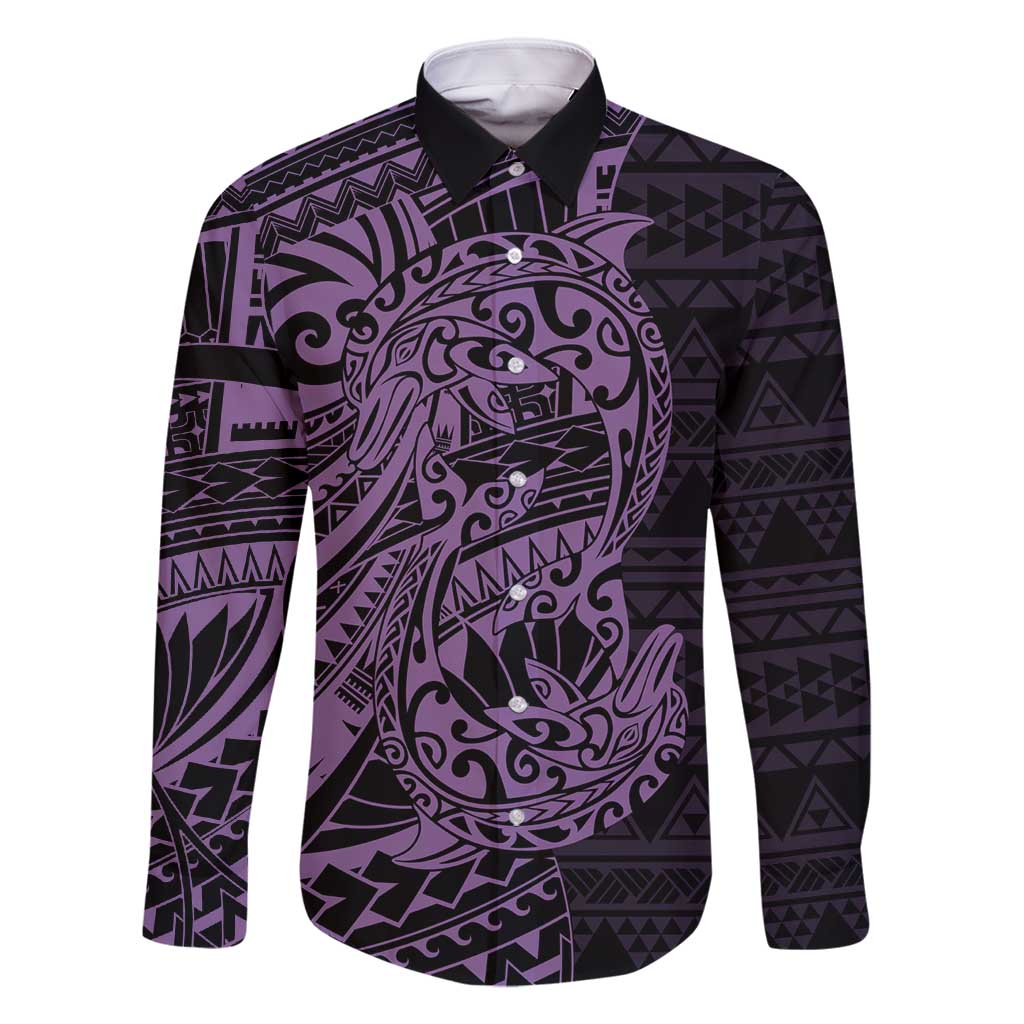 Purple Couple Dolphins Maori Polynesian Style Family Matching Off Shoulder Maxi Dress and Hawaiian Shirt