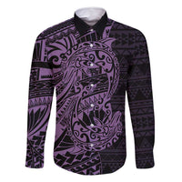 Purple Couple Dolphins Maori Polynesian Style Family Matching Off Shoulder Maxi Dress and Hawaiian Shirt