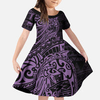 Purple Couple Dolphins Maori Polynesian Style Family Matching Short Sleeve Bodycon Dress and Hawaiian Shirt LT9 Daughter's Dress Purple - Polynesian Pride