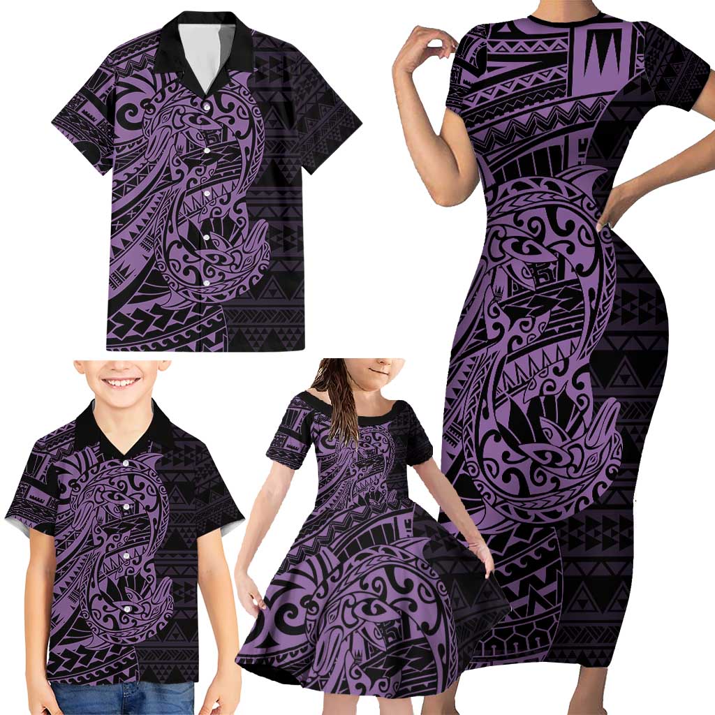 Purple Couple Dolphins Maori Polynesian Style Family Matching Short Sleeve Bodycon Dress and Hawaiian Shirt LT9 - Polynesian Pride