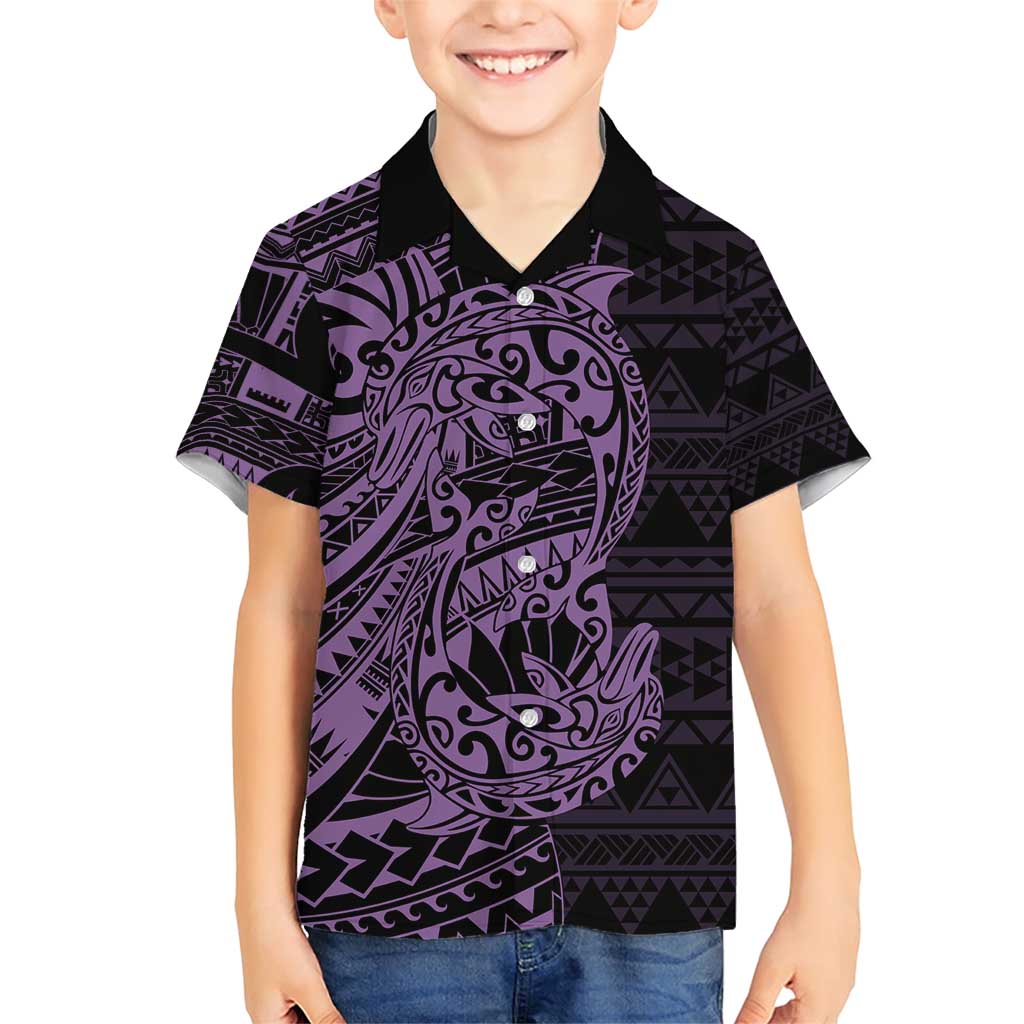 Purple Couple Dolphins Maori Polynesian Style Family Matching Short Sleeve Bodycon Dress and Hawaiian Shirt LT9 Son's Shirt Purple - Polynesian Pride