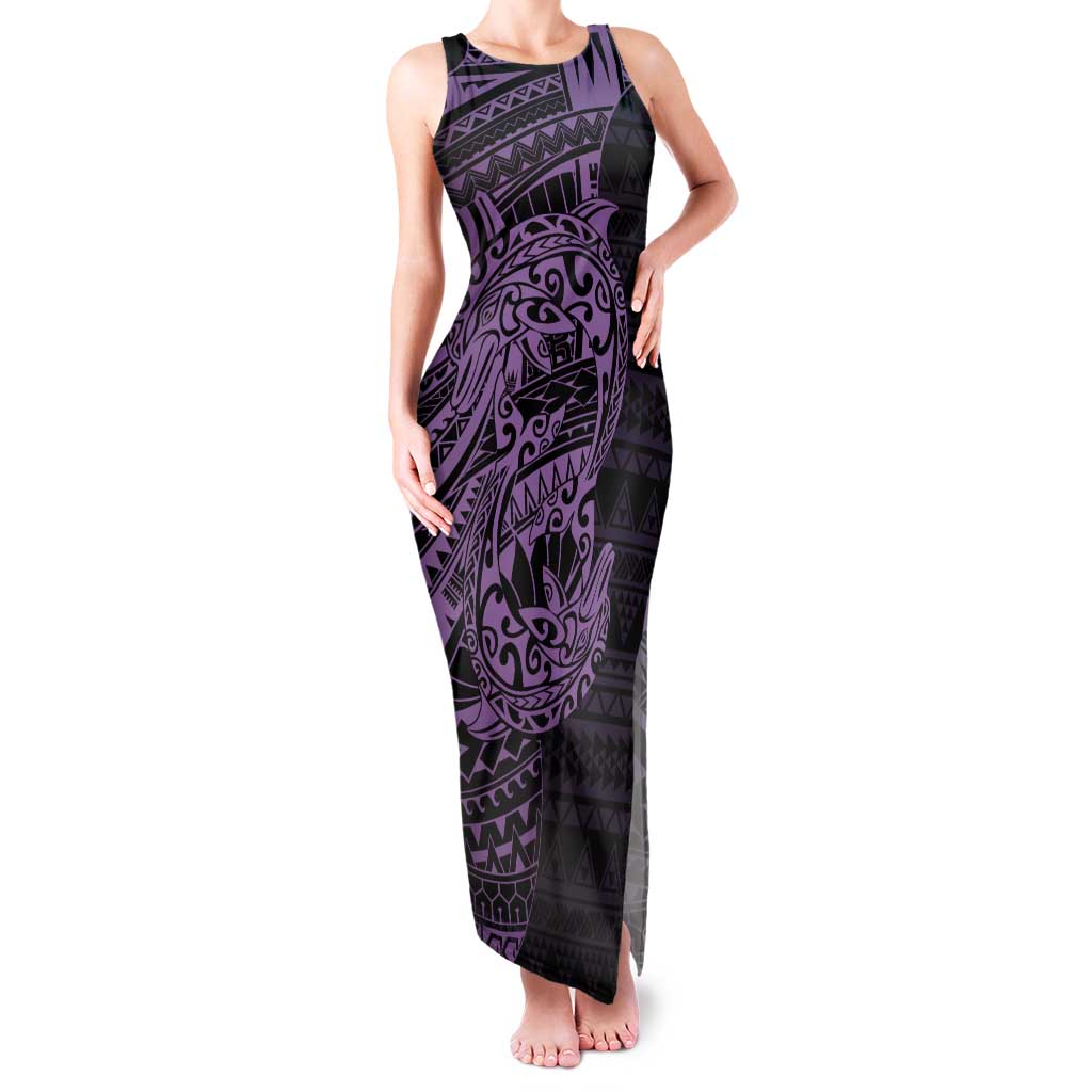 Purple Couple Dolphins Maori Polynesian Style Family Matching Tank Maxi Dress and Hawaiian Shirt