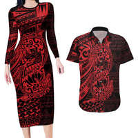Red Couple Dolphins Maori Polynesian Style Couples Matching Long Sleeve Bodycon Dress and Hawaiian Shirt LT9 Red - Polynesian Pride