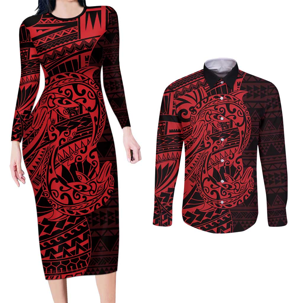 Red Couple Dolphins Maori Polynesian Style Couples Matching Long Sleeve Bodycon Dress and Long Sleeve Button Shirt LT9 Red - Polynesian Pride