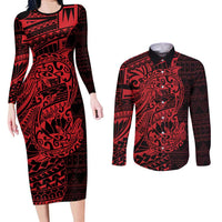 Red Couple Dolphins Maori Polynesian Style Couples Matching Long Sleeve Bodycon Dress and Long Sleeve Button Shirt LT9 Red - Polynesian Pride