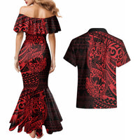 Red Couple Dolphins Maori Polynesian Style Couples Matching Mermaid Dress and Hawaiian Shirt LT9 - Polynesian Pride