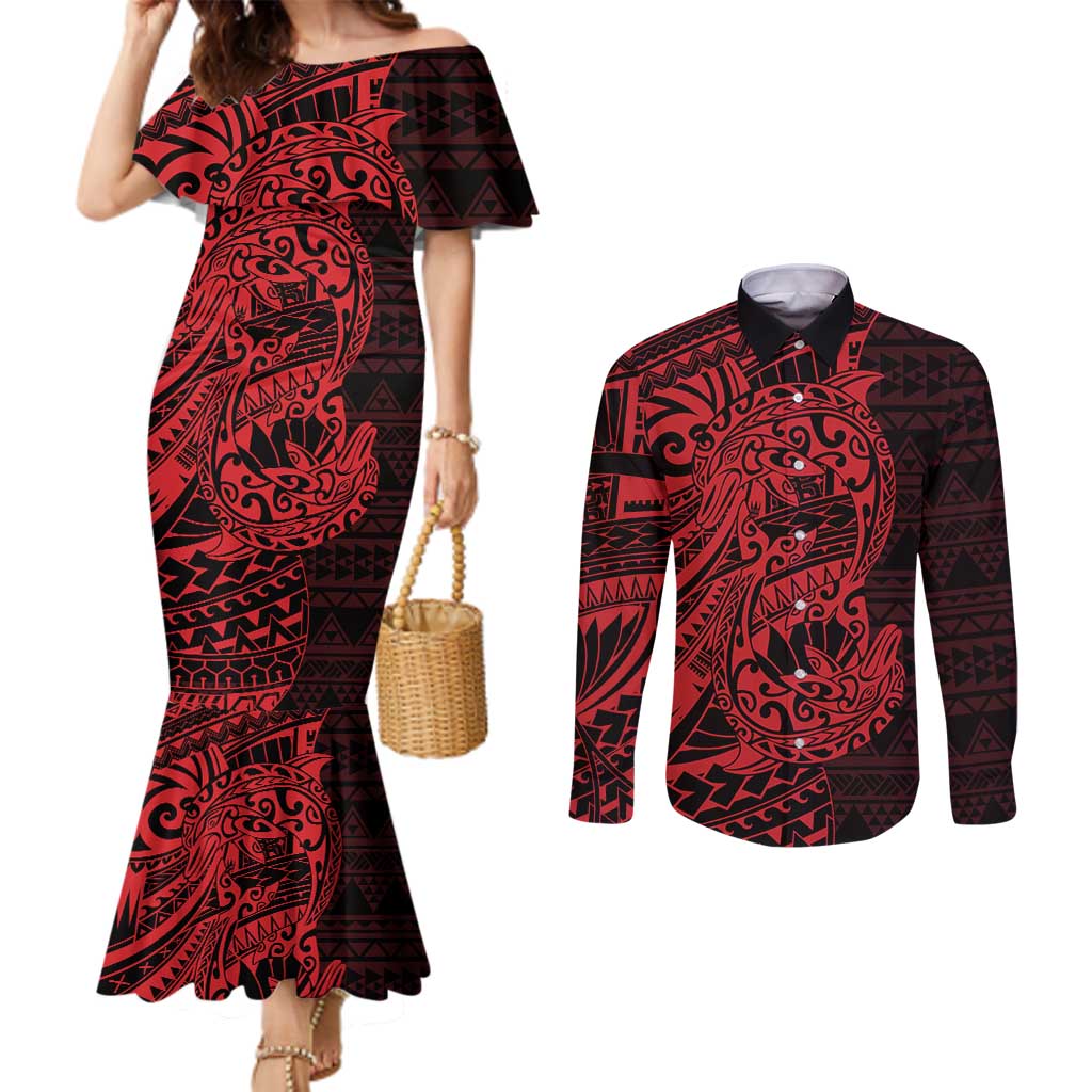 Red Couple Dolphins Maori Polynesian Style Couples Matching Mermaid Dress and Long Sleeve Button Shirt LT9 Red - Polynesian Pride