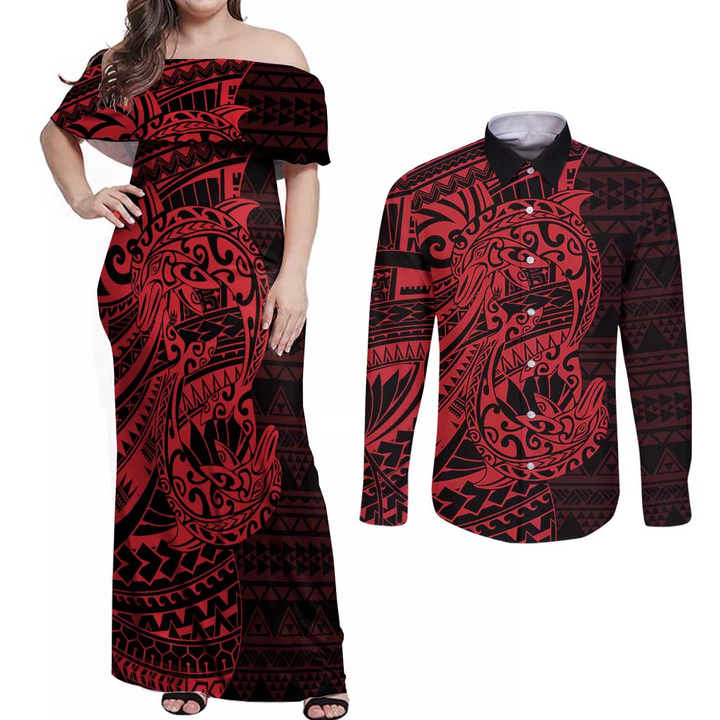 Red Couple Dolphins Maori Polynesian Style Couples Matching Off Shoulder Maxi Dress and Long Sleeve Button Shirt LT9 Red - Polynesian Pride