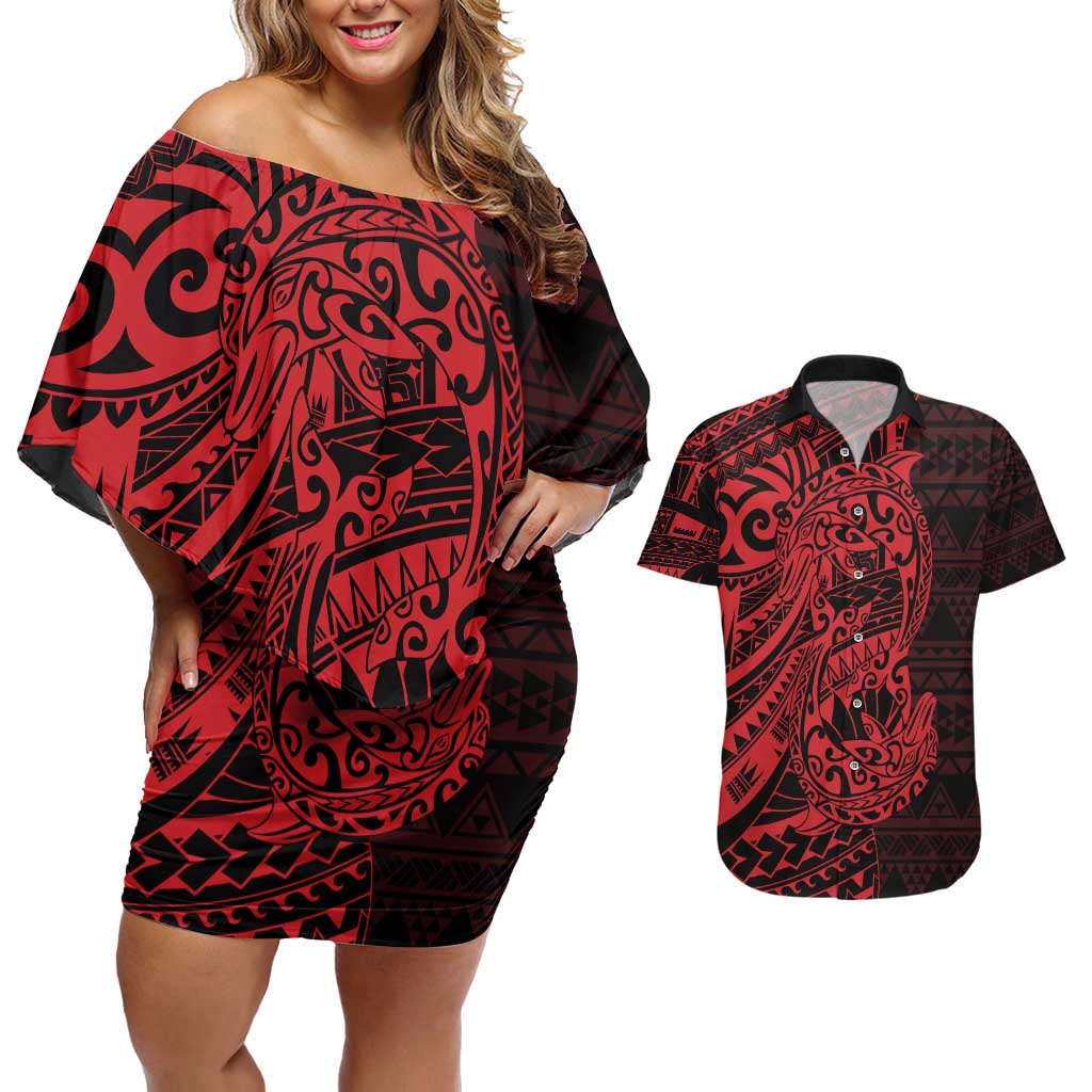 Red Couple Dolphins Maori Polynesian Style Couples Matching Off Shoulder Short Dress and Hawaiian Shirt LT9 Red - Polynesian Pride