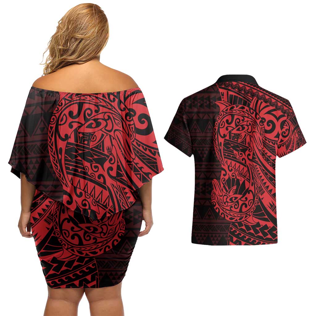 Red Couple Dolphins Maori Polynesian Style Couples Matching Off Shoulder Short Dress and Hawaiian Shirt LT9 - Polynesian Pride