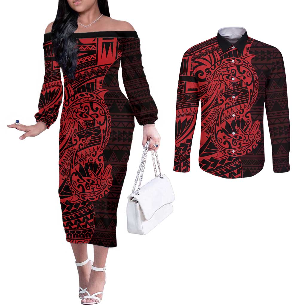 Red Couple Dolphins Maori Polynesian Style Couples Matching Off The Shoulder Long Sleeve Dress and Long Sleeve Button Shirt LT9 Red - Polynesian Pride