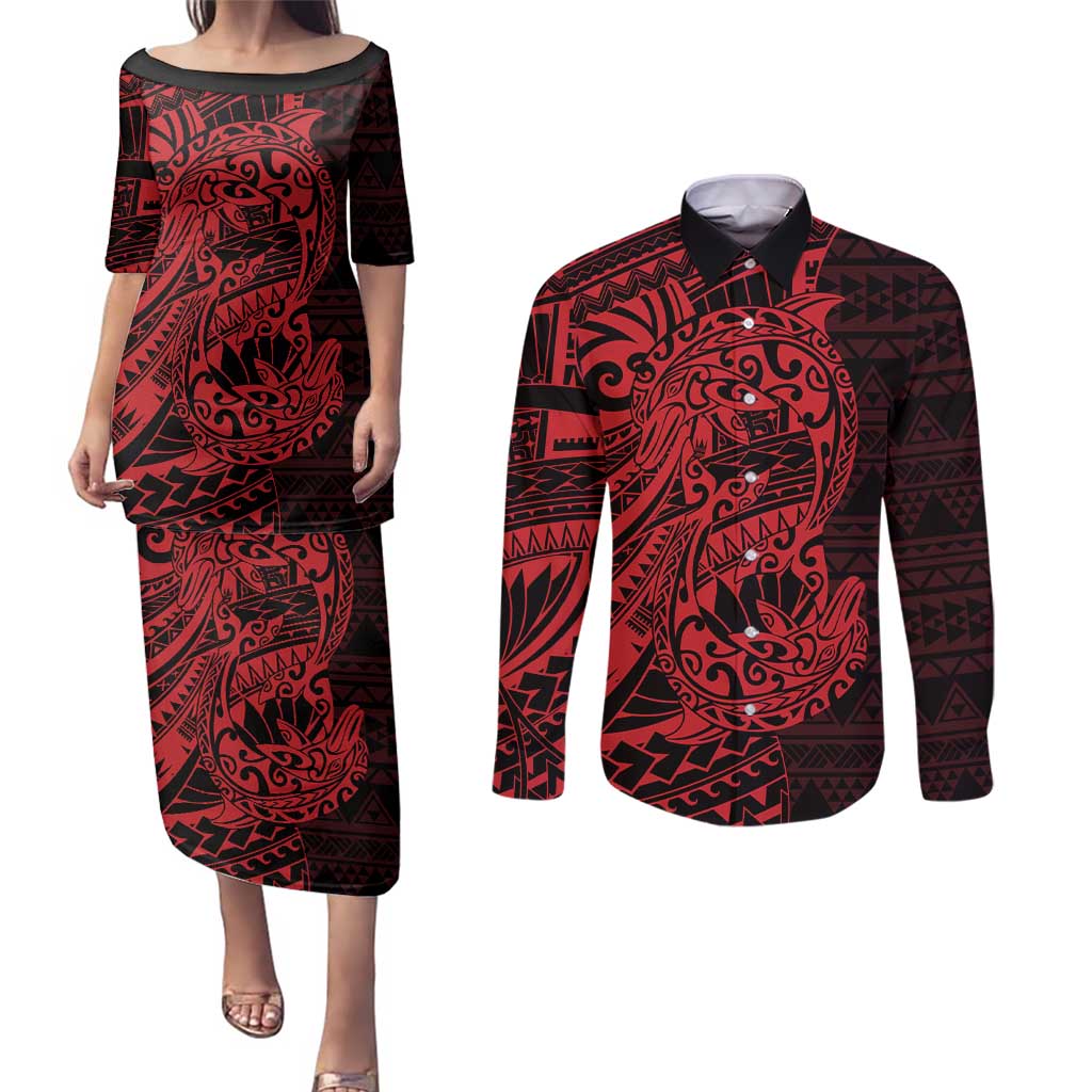 Red Couple Dolphins Maori Polynesian Style Couples Matching Puletasi and Long Sleeve Button Shirt LT9 Red - Polynesian Pride