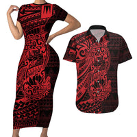 Red Couple Dolphins Maori Polynesian Style Couples Matching Short Sleeve Bodycon Dress and Hawaiian Shirt LT9 Red - Polynesian Pride