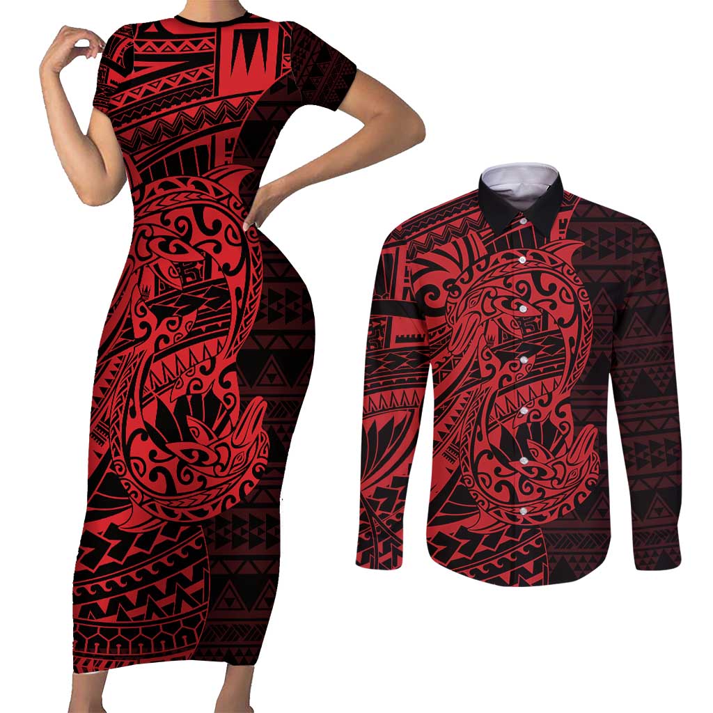 Red Couple Dolphins Maori Polynesian Style Couples Matching Short Sleeve Bodycon Dress and Long Sleeve Button Shirt LT9 Red - Polynesian Pride