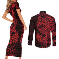 Red Couple Dolphins Maori Polynesian Style Couples Matching Short Sleeve Bodycon Dress and Long Sleeve Button Shirt LT9 - Polynesian Pride