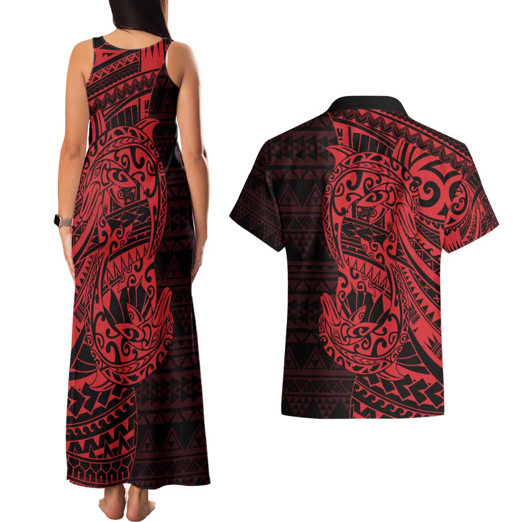 Red Couple Dolphins Maori Polynesian Style Couples Matching Tank Maxi Dress and Hawaiian Shirt LT9 - Polynesian Pride