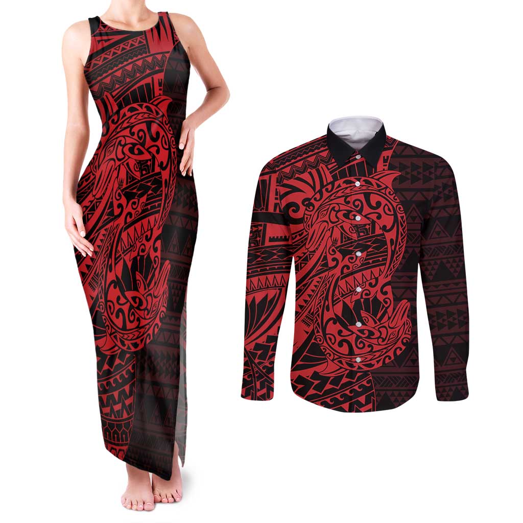 Red Couple Dolphins Maori Polynesian Style Couples Matching Tank Maxi Dress and Long Sleeve Button Shirt LT9 Red - Polynesian Pride